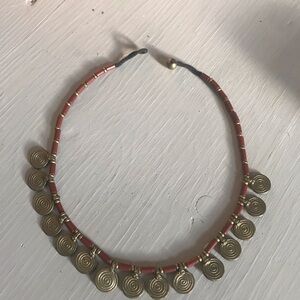 Boho Spiral Charm Beaded Necklace - Dark Red and Bronze